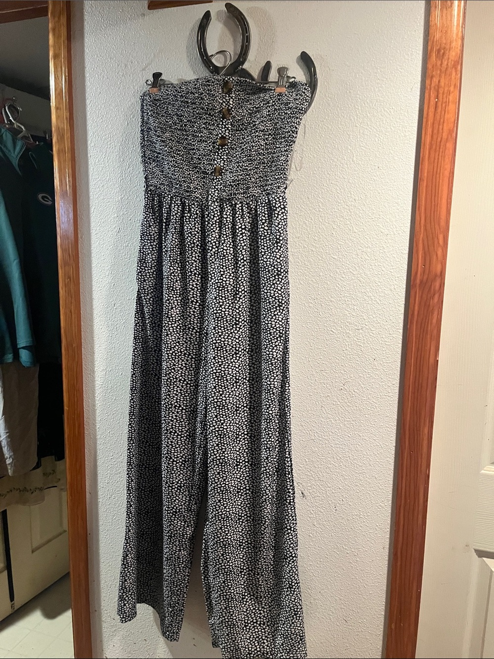 SHEIN Black & White Strapless Button-Front Smocked Jumpsuit